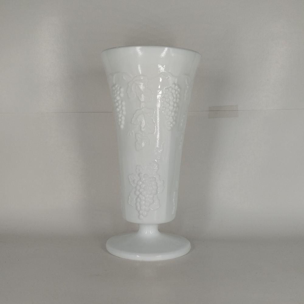 Colony Harvest Milk Glass Flower Vase 10" Tall Vintage Grapes & Leaves Pattern